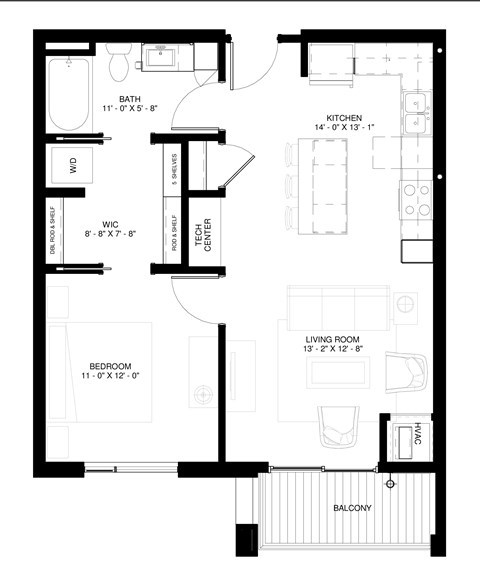 Floor plan for a 1 bedroom and 1 bath apartment unit